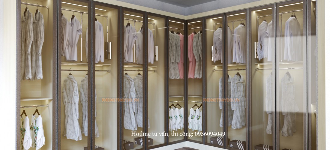 Mẫu phòng thay đồ với hệ tủ quần áo cánh kính