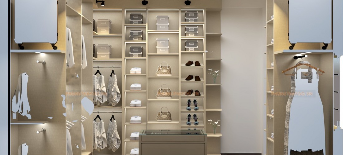 Phòng thay đồ nữ kết hợp tủ giày dép, túi xách xinh xắn