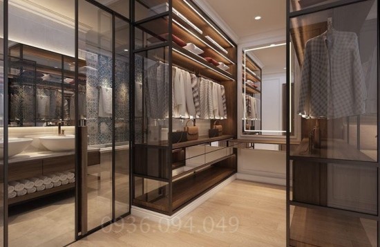 Phòng tắm kết hợp với phòng thay đồ có vách ngăn sang trọng