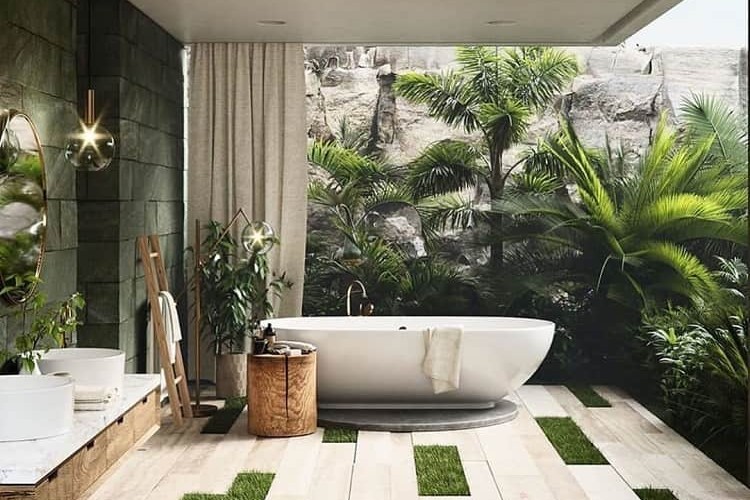 Một góc xinh xẻo của phòng thay đồ kết hợp phòng tắm có tone tươi mát