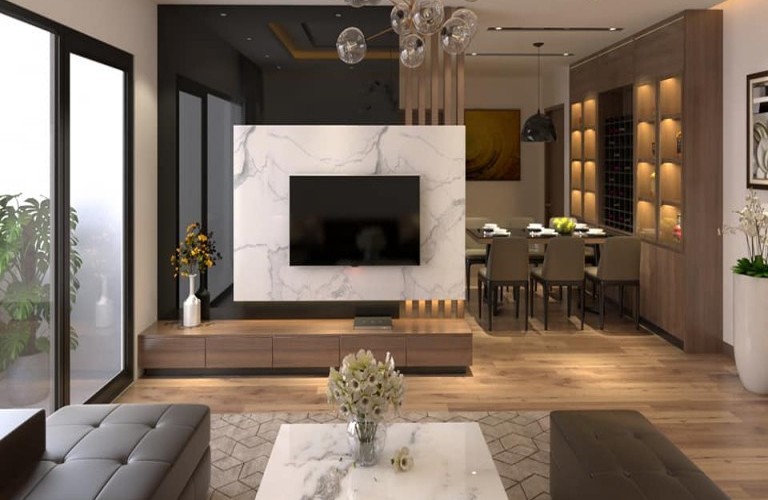 Mẫu phòng ngủ kết hợp với tivi và phòng thay đồ